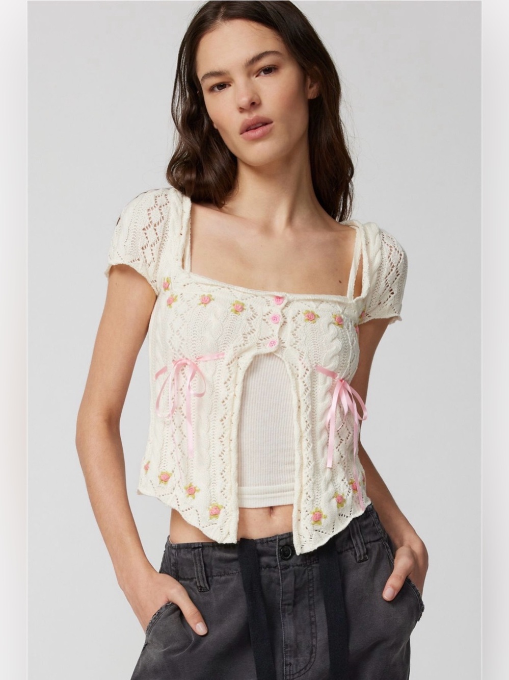 NWT Urban Outfitters Kourtney Floral Embroidered Short Sleeve Cardigan size S